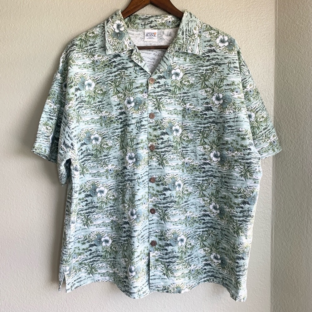 WATER BLOCKS Vintage Original Hawaiian Cotton Shirt | Green Print |‎ Size XL